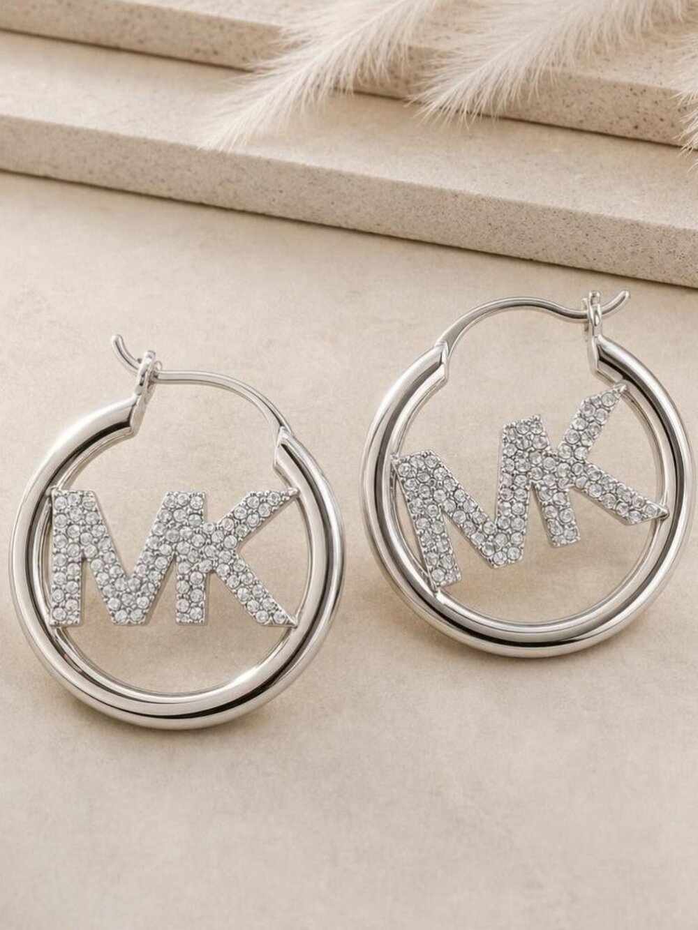 Michael Kors Pave Hollow Logo Silver Hoop Earrings